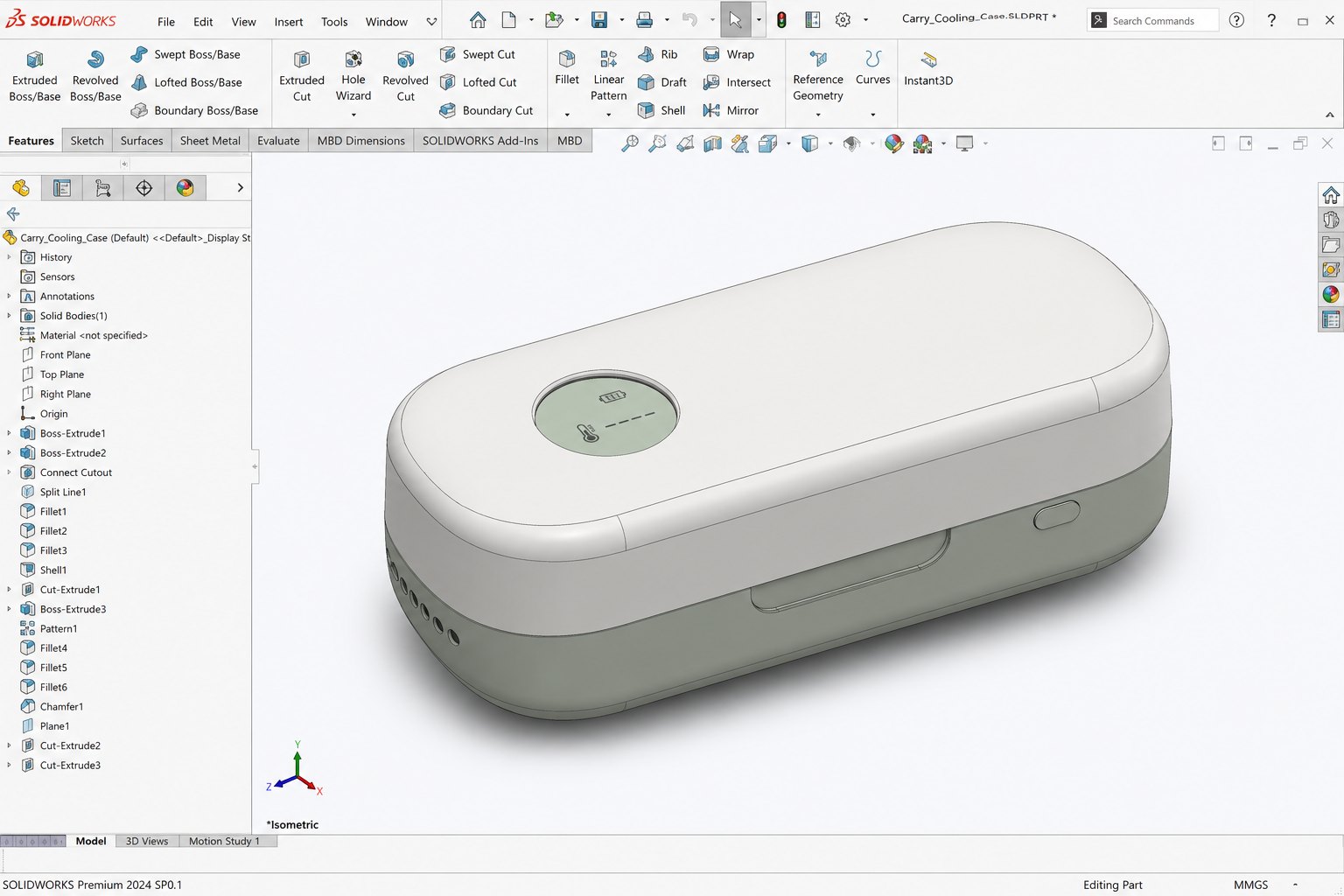 SolidWorks part file for the Carry cooling case, showing the feature tree and an isometric view of the modelled enclosure