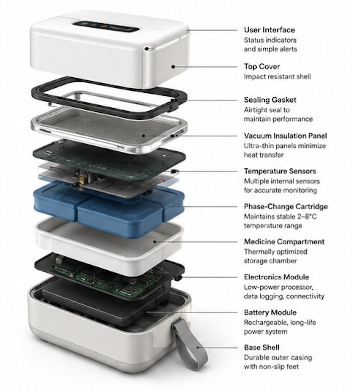 Exploded diagram of Carry showing, from top: user interface, top cover, sealing gasket, vacuum insulation panel, temperature sensors, phase-change cartridge, medicine compartment, electronics module, battery module and base shell
